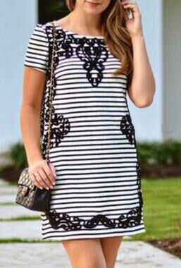 Anthropologie Black & White Striped Embroidered T-Shirt Mini Dress XS